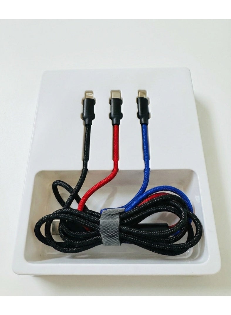 XKIN 3-in-1 Multi Charging Cable [1.2M] Braided Fast Charging Cord with Lightning, Type-C, and Micro USB Ports - Universal Compatible with iPhone, Samsung, Huawei, and Tablets - Durable & Tangle-Free (Black/Red/Blue) - Image 2